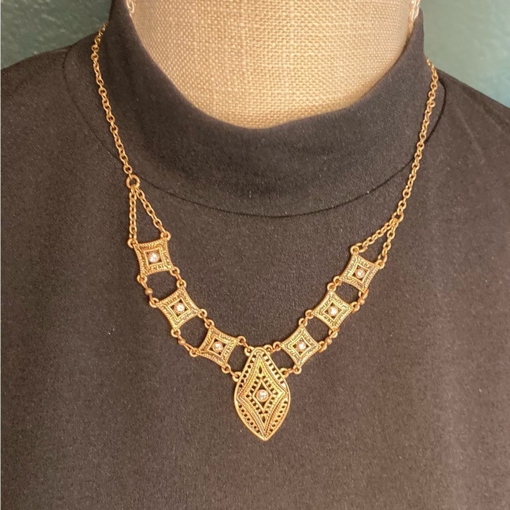 Vintage Boho Style Gold Toned Metal Necklace w/Crystal Embellishments - Picture 1 of 4